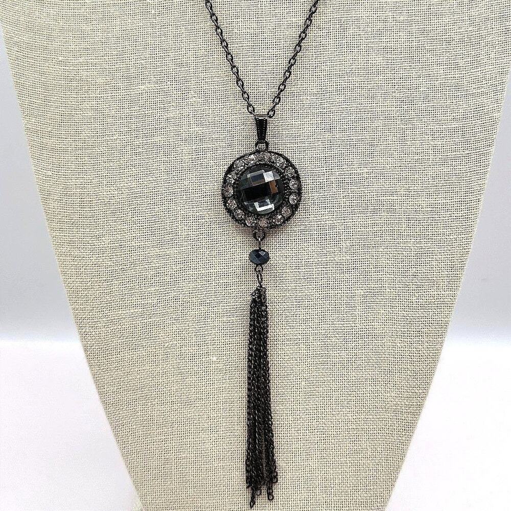 Vintage 90s Rhinestone Gunmetal Tassel Pendant Necklace Boho Women's Jewelry